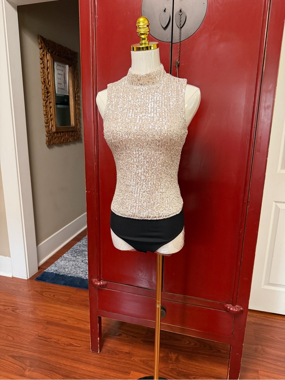 Sleeveless Sequin Mock Neck Top - Shimmery Neutral